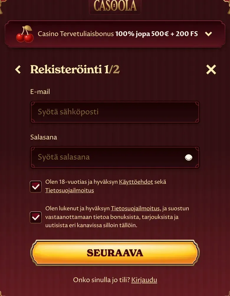 Rekisteröintilomake Casoola casino